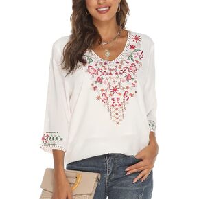 LauraKlein Women's Mexican Embroidered Tops for Women V Neck 3/4 Sleeve Shirts Peasant Casual Loose Summer Tunics Blouse in Kuwait
