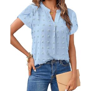 Blouses for Women Fashion 2023 Summer Loose Fit Flowy Shirts Dressy Casual Petal Short Sleeve Cute Swiss Dot Tops