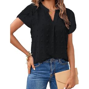 Blouses for Women Fashion 2023 Summer Loose Fit Flowy Shirts Dressy Casual Petal Short Sleeve Cute Swiss Dot Tops