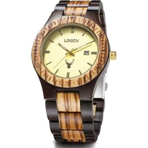 Wooden Watches, Uwood Series Zebra Sandalwood Japanese Quartz Analog Watch for Men with Calendar Unisex Wristwatch