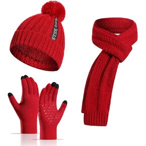 Yvechus 3 in 1 Winter Beanie Hat Scarf and Gloves Set Warm Knit Hat Thick Fleece Lined for Women