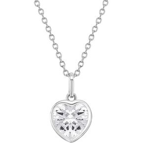 925 Sterling Silver Small Simulated Birthstone Heart Shaped Pendant Necklace For Girls 16" - Lovely Heart Shaped Cubic Zirconia For A Young Girl - Sweet Jewelry Gifts For Girls Birthday