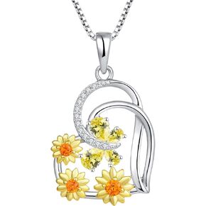 FJ Heart Necklace Solid Silver Sunflowers Necklace with Birthstone Butterfly Animal Flower Necklace