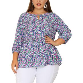 Agnes Orinda Plus Size Tops for Women Chiffon Babydoll Keyhole 3/4 Sleeves Floral Top 2023
