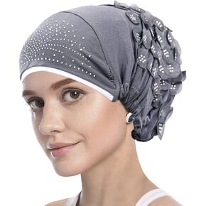 Women Floral Headscarf Caps Muslim Hijab Turban Caps Hair Loss Cover Scarf Hijabs Head Wrap Cap Strench Bandana Hat, Grey