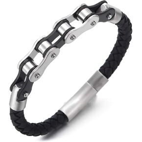 COOLSTEELANDBEYOND Mens Steel Silver Black Motorcycle Bike Chain Black Braided Leather Bangle Bracelet, Spring Clasp