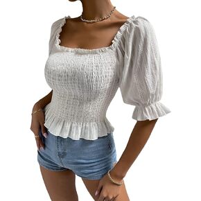 WDIRARA Women's Short Puff Sleeve Ruffle Hem Crop Tops Square Neck Shirred Blouses