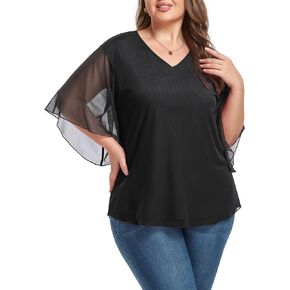 OLRIK Women's Plus Size Tops V Neck Ruffle 3/4 Sleeve Shirts Double Layers Mesh Shirts Loose Fit Flowy Blouses