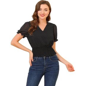 Allegra K Women's 2023 V Neck Short Puff Sleeve Swiss Dots Smocked Waist Summer Tops