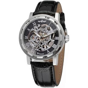 Men's Boy's Fashion Mechanical Wristwatch Transparent Dial with Skeleton Design Leather Band Automatic Manual-Winding Watch