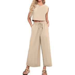 Glamker Women's 2 Piece Outfits Linen Lounge Matching Sets Summer Sleeveless Crop Top And Wide Leg Pant With Pocket