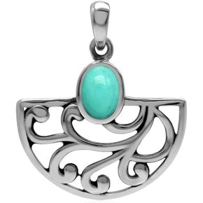 Silvershake Created Oval Shape Green Turquoise 925 Sterling Silver Filigree Swirl and Spiral Semi Circle Pendant