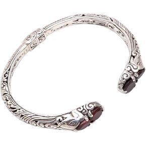 NOVICA Artisan Handmade Garnet Cuff Bracelet .925 Sterling Silver Elephant Motif Indonesia Animal Themed Birthstone Gemstone 'Elephant's Treasure'
