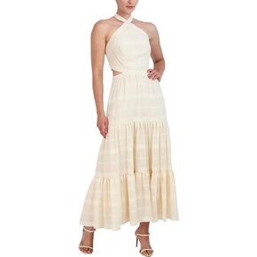 BCBGMAXAZRIA Women's Criss Cross Halter Neck Embroidered Maxi Dress