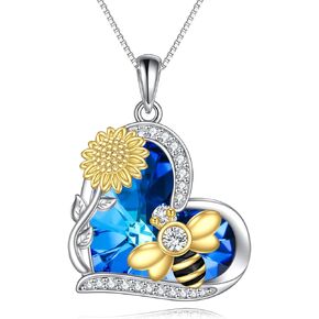 Bee Necklace Sterling Silver Sunflower Pendant Animal Crystal Heart Jewelry Gift for Women Girls