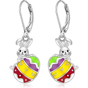 Bunny Earrings Easter Earrings for Women Sterling Silver Rabbit Earring Drop Colorful Egg Earring Leverback Easter Jewelry Charms Bunny Gifts