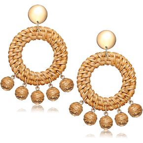 Rattan Earrings for Women Girls Handmade Lightweight Wicker Straw Stud Earrings Statement Weaving Braid Drop Dangle Earring