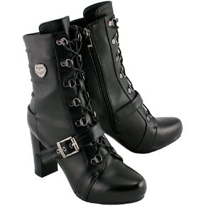 Milwaukee Leather MBL9431 Women's Black Lace-Up Boots with Block Heel and Buckle Strap