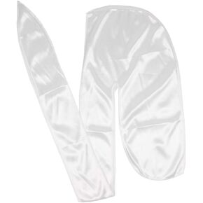 Men Silk Durag Long Straps Bandanas for Men Headwear Waves Cap (White)