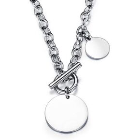 Disc Coin Round Circle Charm Cable Chain Necklace with Toggle Clasp for Women Girls Simple Full Moon Minimalist Geometric Stainless Steel Dainty Punk Classic Jewelry Gifts for Birthday Best Friend 22"