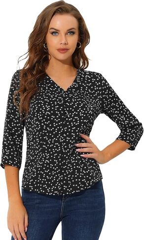 Allegra K 3/4 Sleeve Top for Women's Heart Print V Neck Button-Up Casual Blouse Shirt in Kuwait