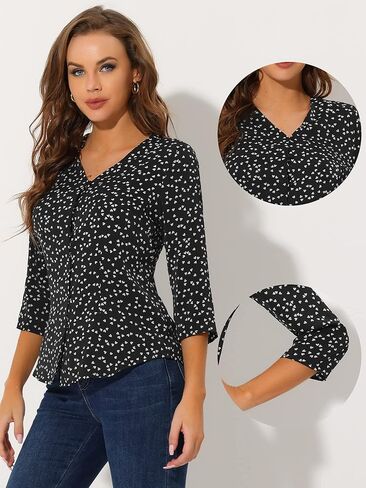 Allegra K 3/4 Sleeve Top for Women's Heart Print V Neck Button-Up Casual Blouse Shirt in Kuwait