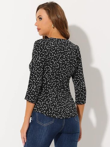 Allegra K 3/4 Sleeve Top for Women's Heart Print V Neck Button-Up Casual Blouse Shirt in Kuwait