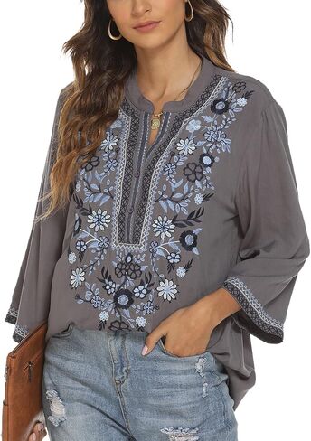 LauraKlein Women's Mexican Embroidered Tops for Women V Neck 3/4 Sleeve Shirts Peasant Casual Loose Summer Tunics Blouse in Saudi Arabia