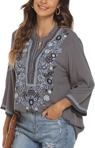 LauraKlein Women's Mexican Embroidered Tops for Women V Neck 3/4 Sleeve Shirts Peasant Casual Loose Summer Tunics Blouse in Saudi Arabia