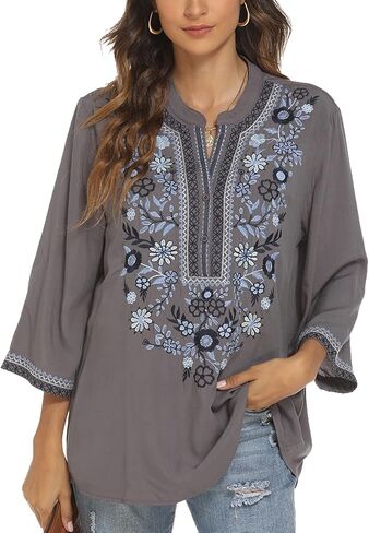 LauraKlein Women's Mexican Embroidered Tops for Women V Neck 3/4 Sleeve Shirts Peasant Casual Loose Summer Tunics Blouse in Saudi Arabia
