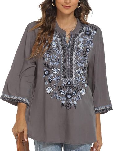 LauraKlein Women's Mexican Embroidered Tops for Women V Neck 3/4 Sleeve Shirts Peasant Casual Loose Summer Tunics Blouse in Saudi Arabia