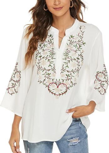 LauraKlein Women's Mexican Embroidered Tops for Women V Neck 3/4 Sleeve Shirts Peasant Casual Loose Summer Tunics Blouse in Saudi Arabia