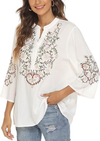 LauraKlein Women's Mexican Embroidered Tops for Women V Neck 3/4 Sleeve Shirts Peasant Casual Loose Summer Tunics Blouse in Saudi Arabia