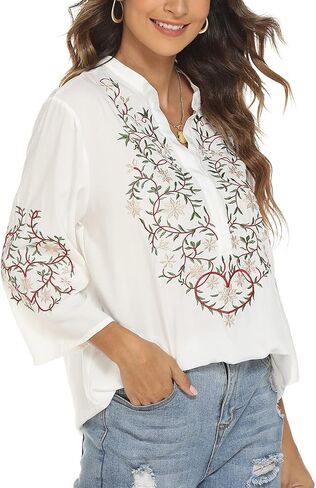 LauraKlein Women's Mexican Embroidered Tops for Women V Neck 3/4 Sleeve Shirts Peasant Casual Loose Summer Tunics Blouse in Saudi Arabia