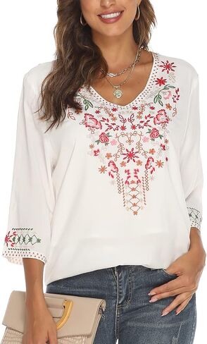 LauraKlein Women's Mexican Embroidered Tops for Women V Neck 3/4 Sleeve Shirts Peasant Casual Loose Summer Tunics Blouse in Kuwait