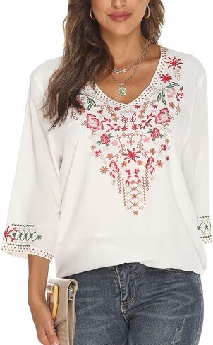 LauraKlein Women's Mexican Embroidered Tops for Women V Neck 3/4 Sleeve Shirts Peasant Casual Loose Summer Tunics Blouse in Kuwait