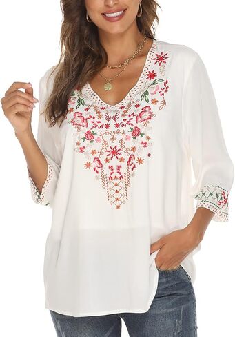 LauraKlein Women's Mexican Embroidered Tops for Women V Neck 3/4 Sleeve Shirts Peasant Casual Loose Summer Tunics Blouse in Kuwait