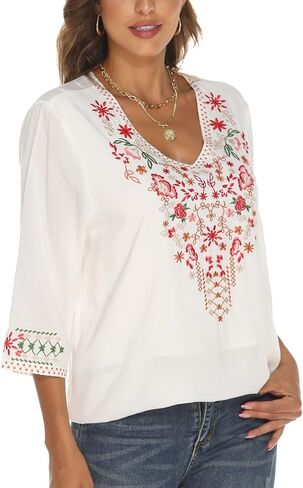 LauraKlein Women's Mexican Embroidered Tops for Women V Neck 3/4 Sleeve Shirts Peasant Casual Loose Summer Tunics Blouse in Kuwait