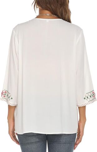 LauraKlein Women's Mexican Embroidered Tops for Women V Neck 3/4 Sleeve Shirts Peasant Casual Loose Summer Tunics Blouse in Kuwait