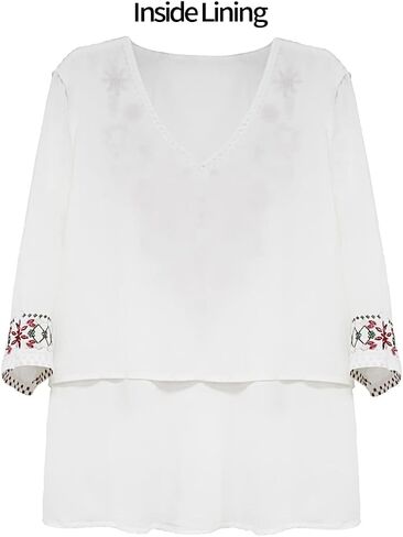 LauraKlein Women's Mexican Embroidered Tops for Women V Neck 3/4 Sleeve Shirts Peasant Casual Loose Summer Tunics Blouse in Kuwait