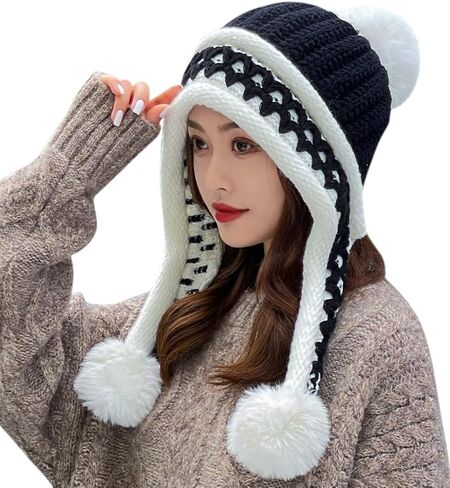 YUSSTAR قبعة صغيرة مع اللوحات الأذن أكثر دفئا الصوف مبطن قبعات الشتاء التزلج قبعة متماسكة بوم بوم المرأة in Kuwait