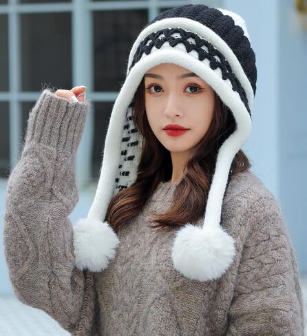 YUSSTAR قبعة صغيرة مع اللوحات الأذن أكثر دفئا الصوف مبطن قبعات الشتاء التزلج قبعة متماسكة بوم بوم المرأة in Kuwait