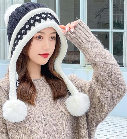 YUSSTAR قبعة صغيرة مع اللوحات الأذن أكثر دفئا الصوف مبطن قبعات الشتاء التزلج قبعة متماسكة بوم بوم المرأة in Kuwait