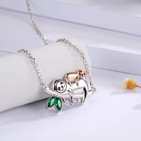 925 Sterling Silver Sloth Necklace - Always in My Heart Mother Daughter Pendant Animal Jewelry Gifts for Women Girls (Silver), Sterling Silver, Cubic Zirconia in Kuwait