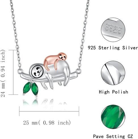 925 Sterling Silver Sloth Necklace - Always in My Heart Mother Daughter Pendant Animal Jewelry Gifts for Women Girls (Silver), Sterling Silver, Cubic Zirconia in Kuwait