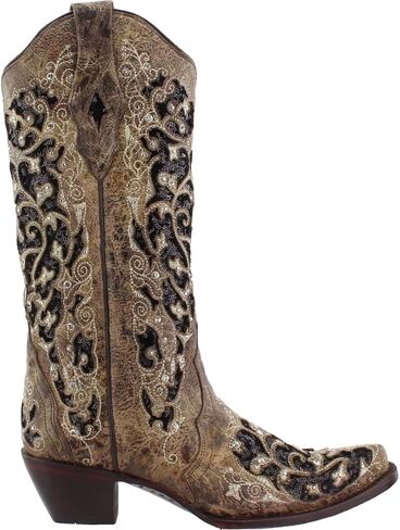 CORRAL Women's Snip Toe Stitched Leather Cowgirl Western Boots with Swarovski Crystal Accents in Kuwait
