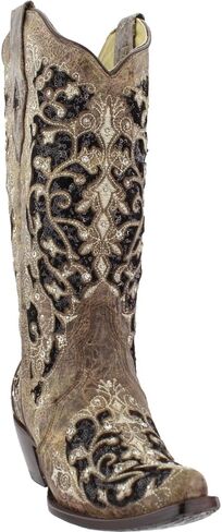 CORRAL Women's Snip Toe Stitched Leather Cowgirl Western Boots with Swarovski Crystal Accents in Kuwait
