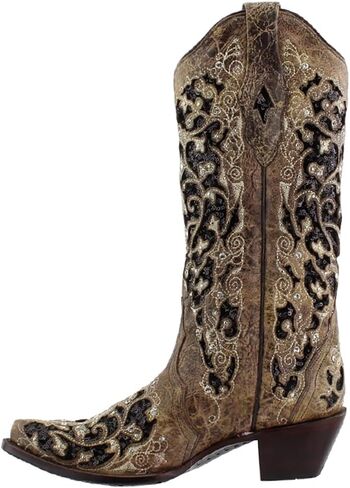 CORRAL Women's Snip Toe Stitched Leather Cowgirl Western Boots with Swarovski Crystal Accents in Kuwait