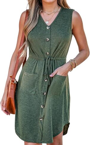 CUPSHE Women's Casual V Neck Button Down Short Length Dresses Drawstring Mini Dress with Patch Pockets in Kuwait