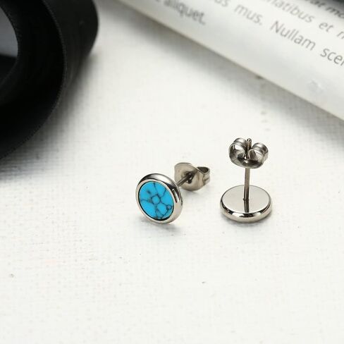 TGNEL 8mm Pure Titanium Earrings Studs Simulated Malachite/Turquoise/Obsidian Earrings for Men Women, Fashion Created Gemstone Bezel Birthstone Stud Earrings Jewellery Gifts for Sensitive Ears in Saudi Arabia